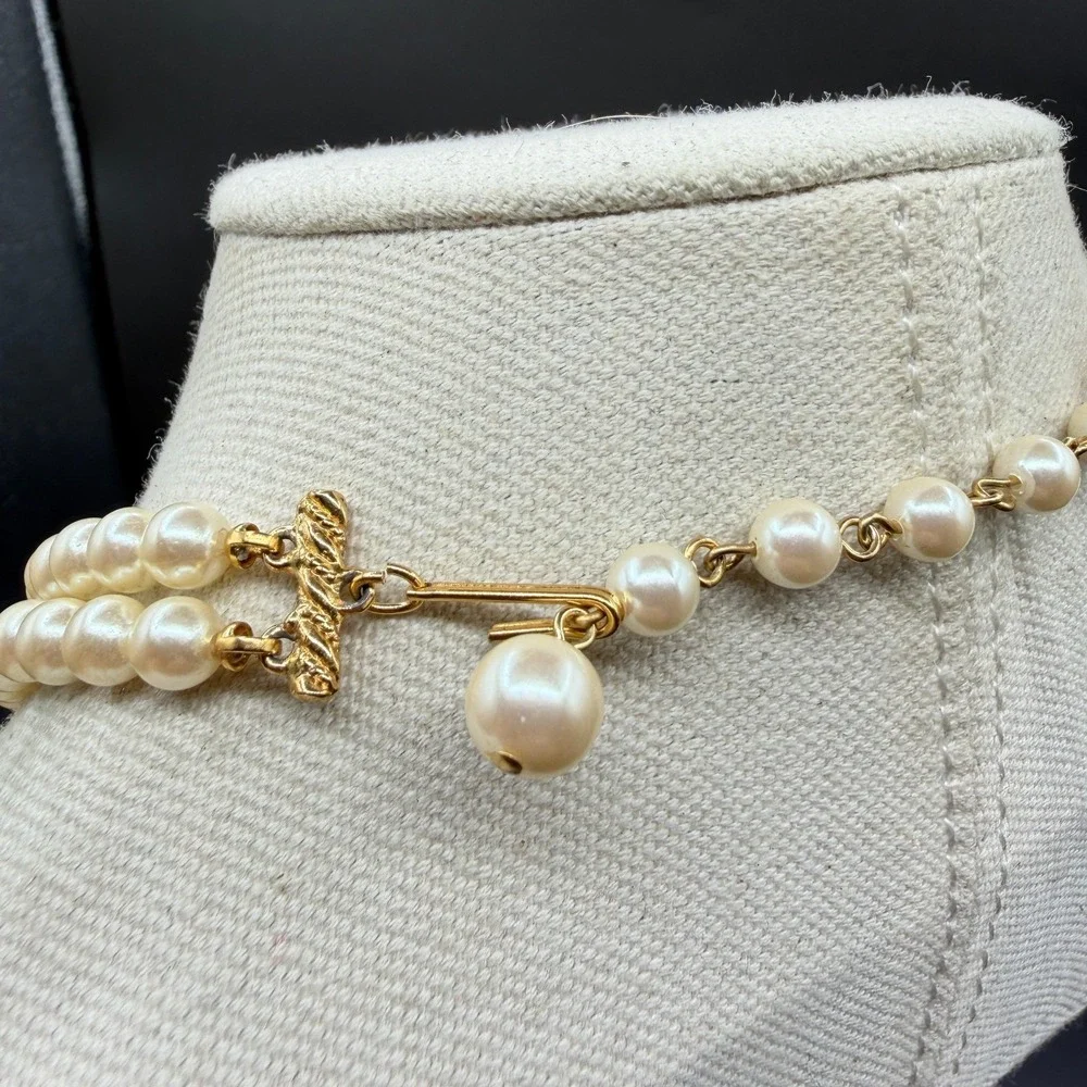Double Strand Faux Pearl Necklace Cream Gold Tone Hook Clasp Romantic Elegant